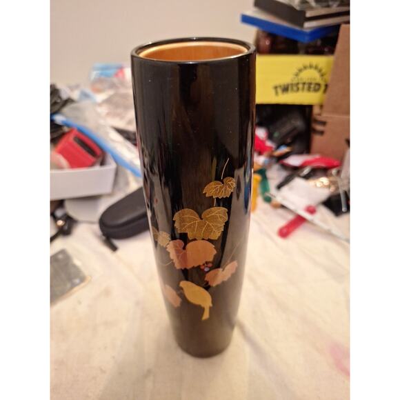 Vintage Wajima lacquer IKEBANA FLOWER VASE Gold Painted Black With Gold Flake - Picture 1 of 6